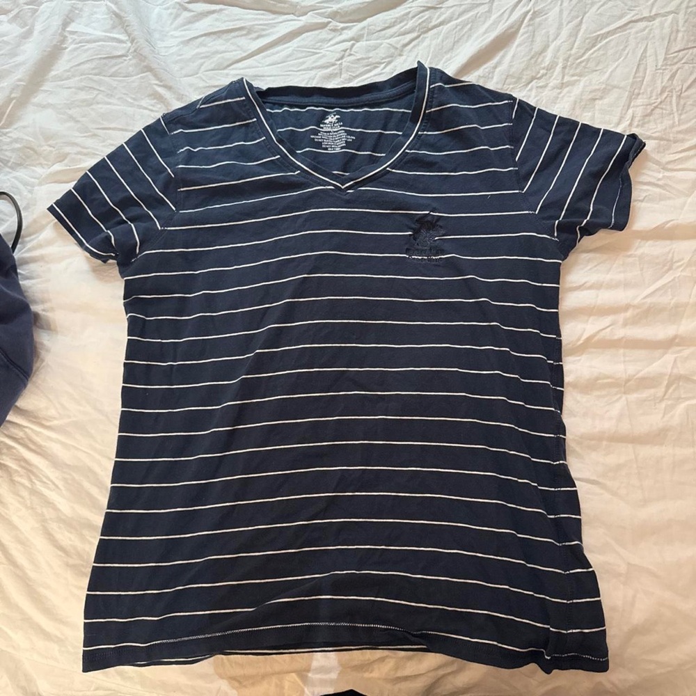 Beverly Hills Polo Club Navy & White Striped V-Neck Tee